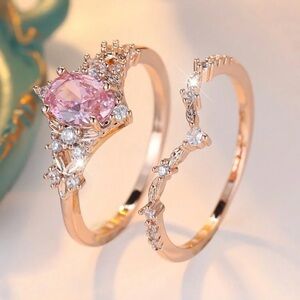Pink and Gold Women's Ring Set, Pink Cubic Zirconia Ring Set, Stackable Rings